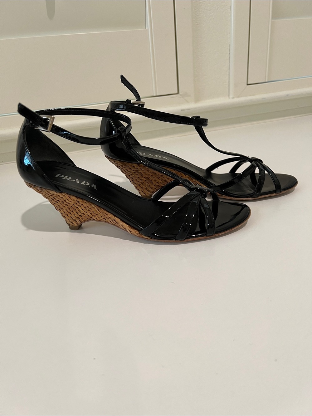 Prada Black Patent Leather Strappy Ankle-Heel Sandals - Picture 3 of 5